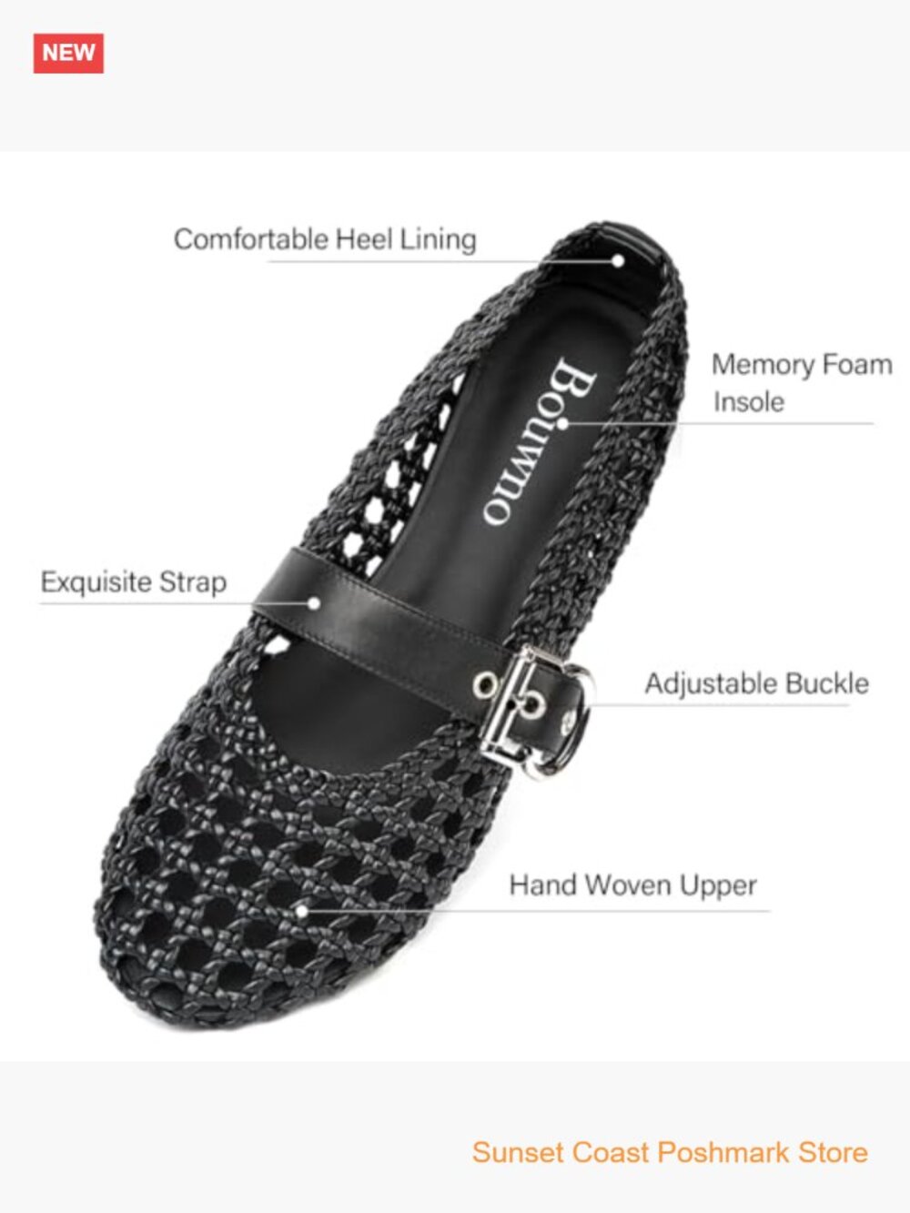 Woven Mesh Ballet Flats Round Toe Buckle Strap Mary Janes - Picture 4 of 7